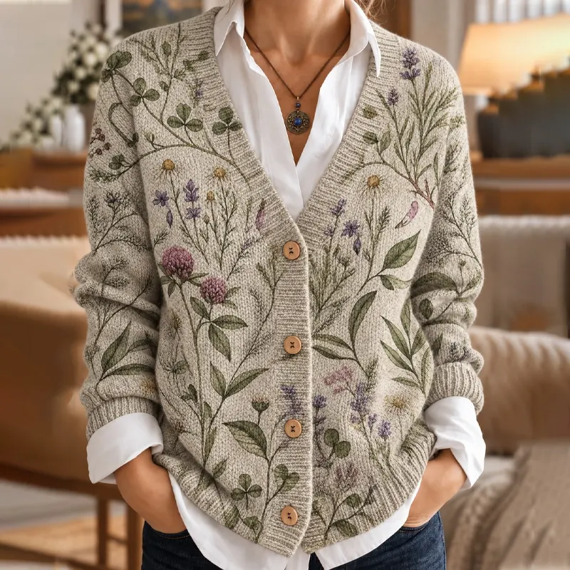 Comstylish Women's Bohemian Vintage Colored Plant Floral Cardigan Sweater