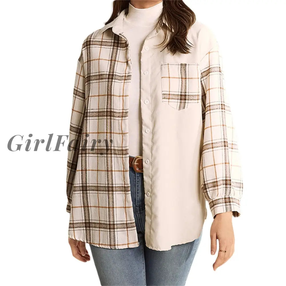 Spring Autumn Fashion Women Plaid Jacket Long Sleeve Turn-Down Collar Button Closure Patchwork