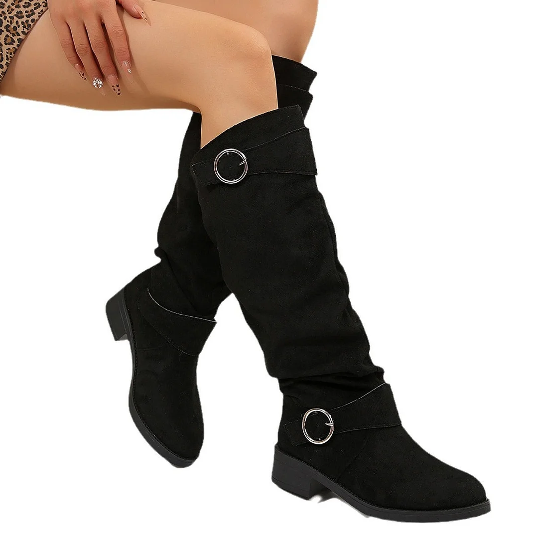 Yyvonne And Winter New Folded Flat Bottom Western Cowboy Boots Buckle Boots Coarse And Thin Barrel Knight Boots