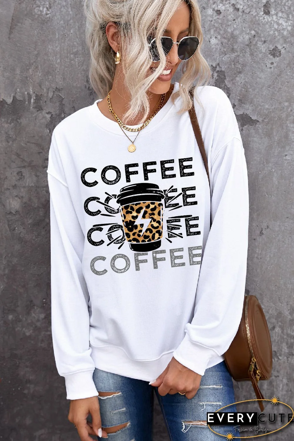 White COFFEE Figure Print Long Sleeve Sweatshirt