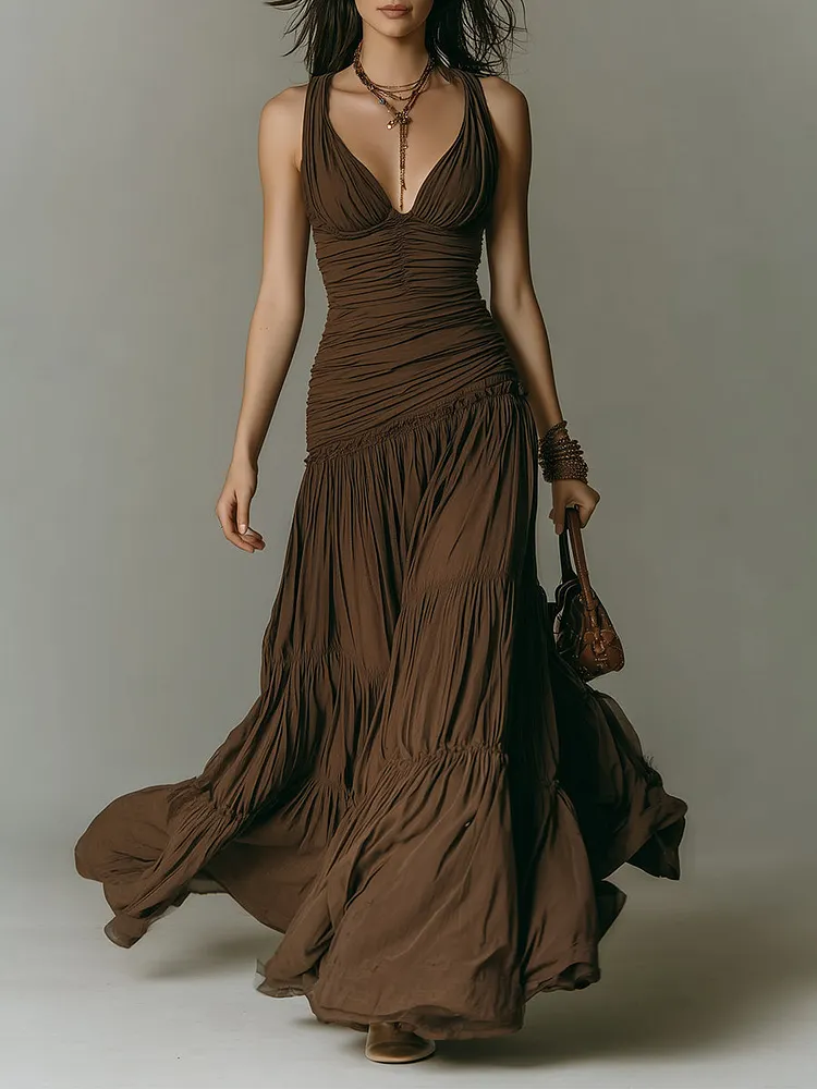 Vintage Pleated Sleeveless Maxi Dress