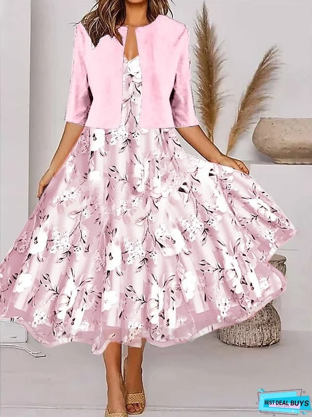 Women's Two Piece Dress Set Casual Dress Chiffon Dress Outdoor Daily Fashion Elegant Print Midi Dress V Neck Half Sleeve Floral Regular Fit Black Pink Gray Summer Spring S M L XL XXL