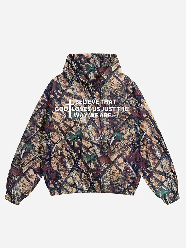 Leaf Camouflage Hooded Sweatshirt With God Jesus Quote