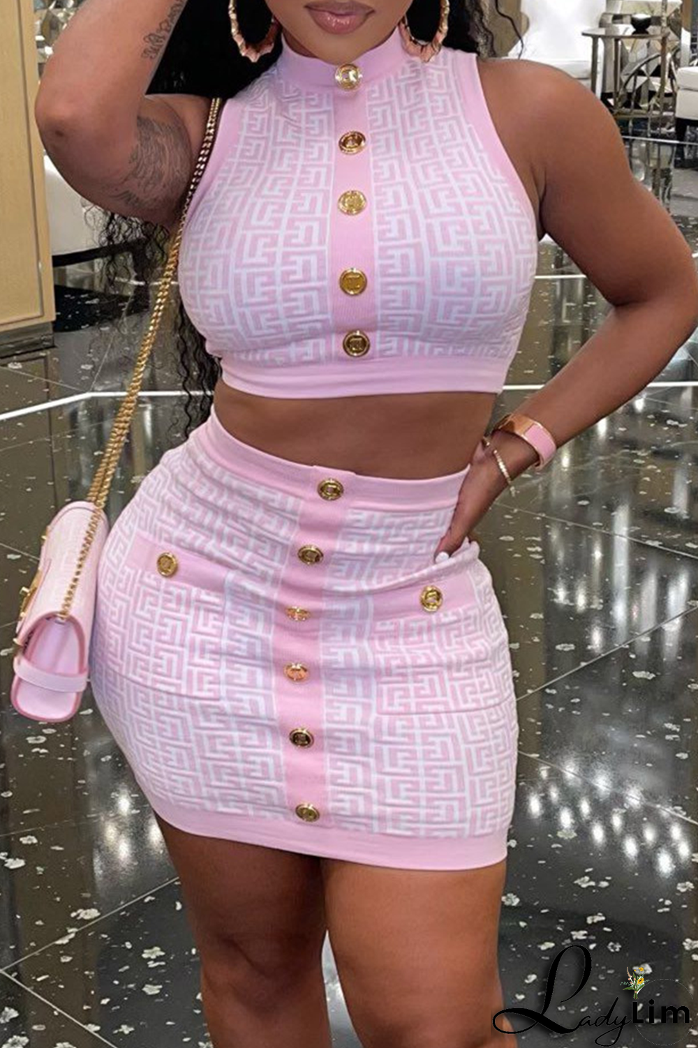 Pink Sexy Print Buckle O Neck Sleeveless Two Pieces