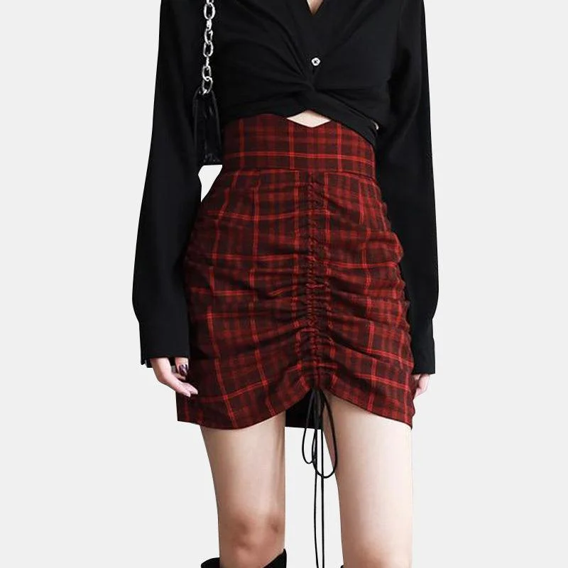 Red and Black Plaid Bag Hip Drawstring Skirt
