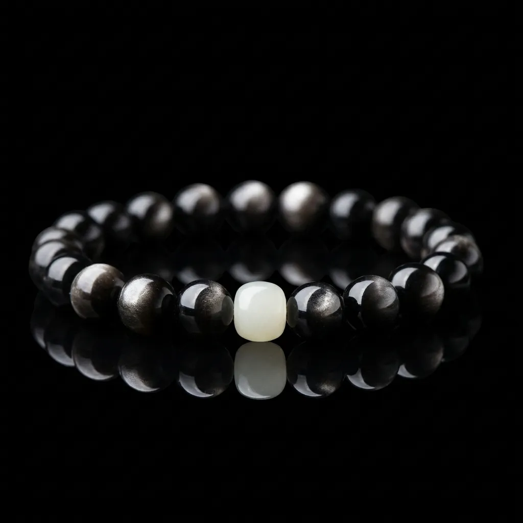 JiStones Midnight Sheen Silver Obsidian & Hetian Jade Bracelet