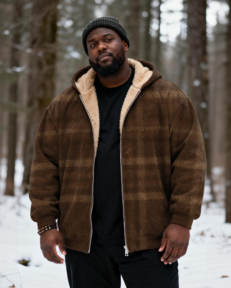 Big & Tall Men's Retro Brown Plaid Printed Velvet Thickened Zipper Cardigan Hoodie
