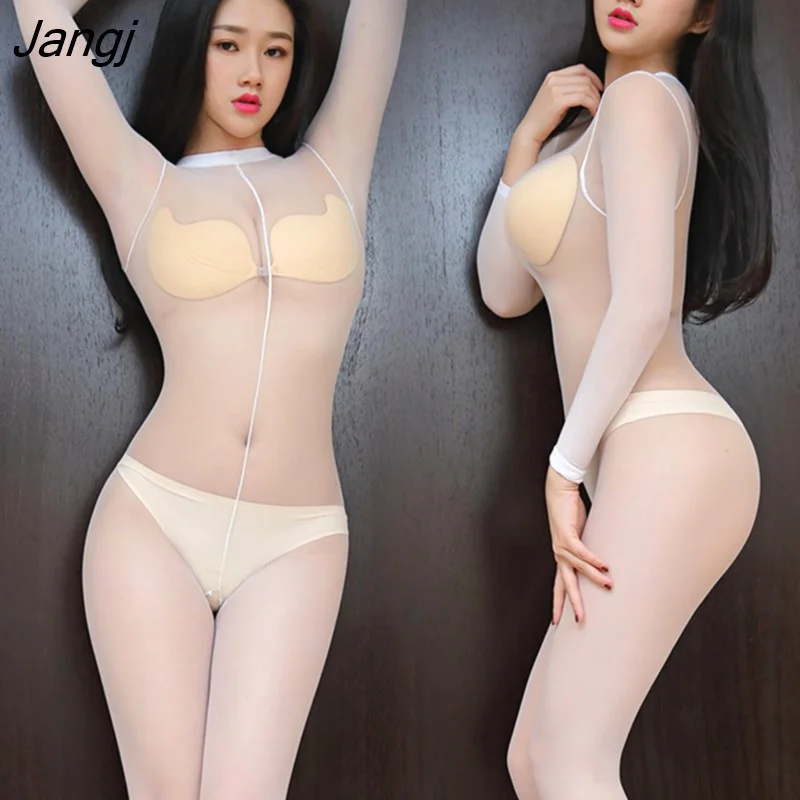 Jangj Temptation Black Silk See-through Bodystockings Sexy Jumpsuit Long Sleeves Silk Clothes 18+ Lenceria Bodys Sexy Mujer