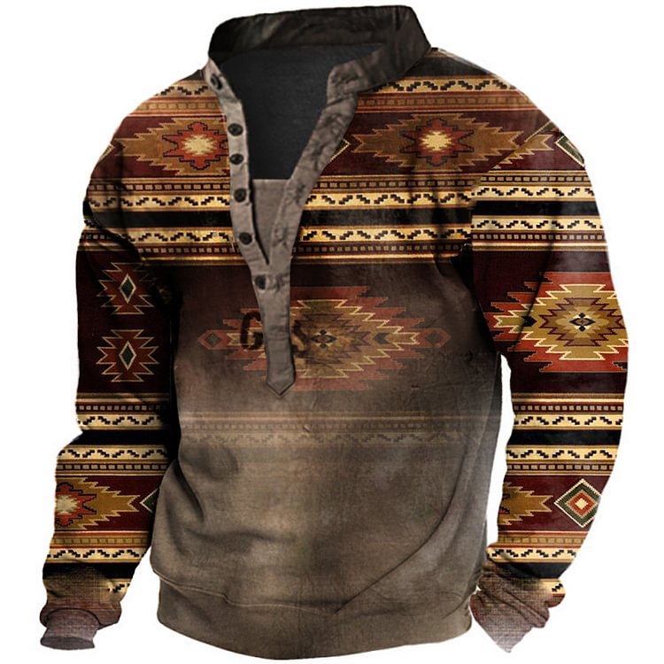 Men's Retro Western Ethnic Print Henley Collar Sweatshirt