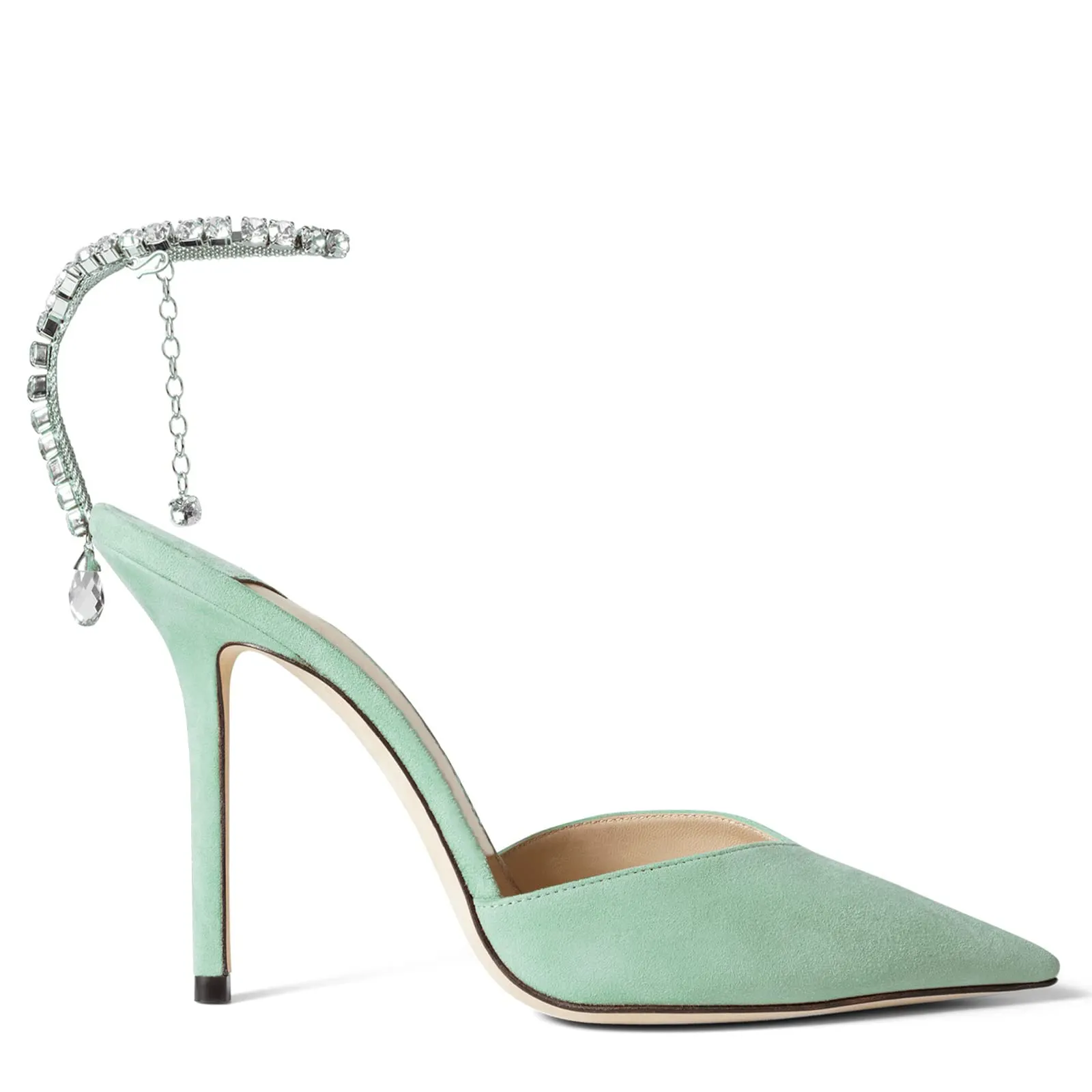 100mm Women's Sandals Crystal Chain Rhinestone Embellished Strap Suede Pumps Pointy Stilettos Backless Shoes-vocosishoes