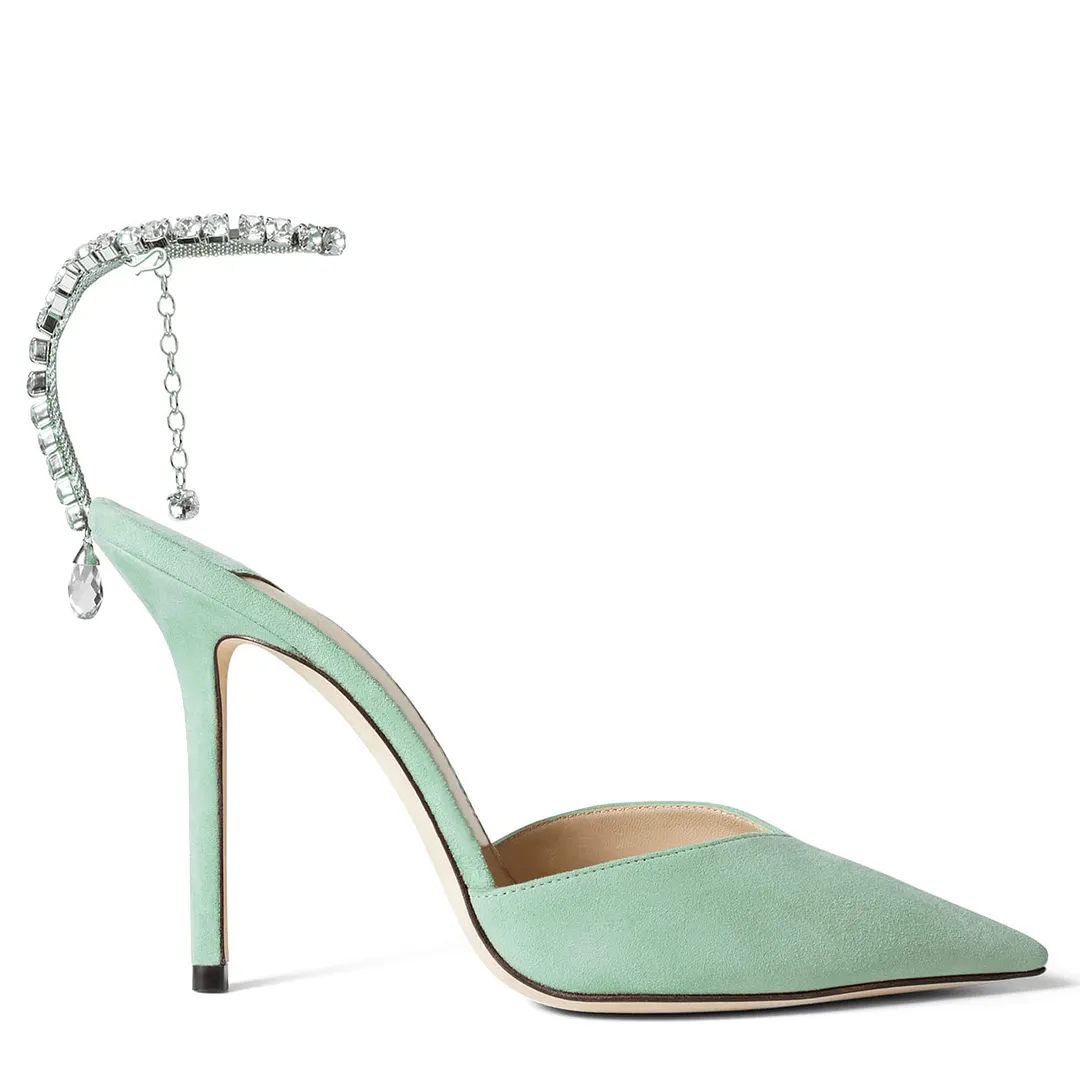 100mm Women's Sandals Crystal Chain Rhinestone Embellished Strap Suede Pumps Pointy Stilettos Backless Shoes-vocosishoes
