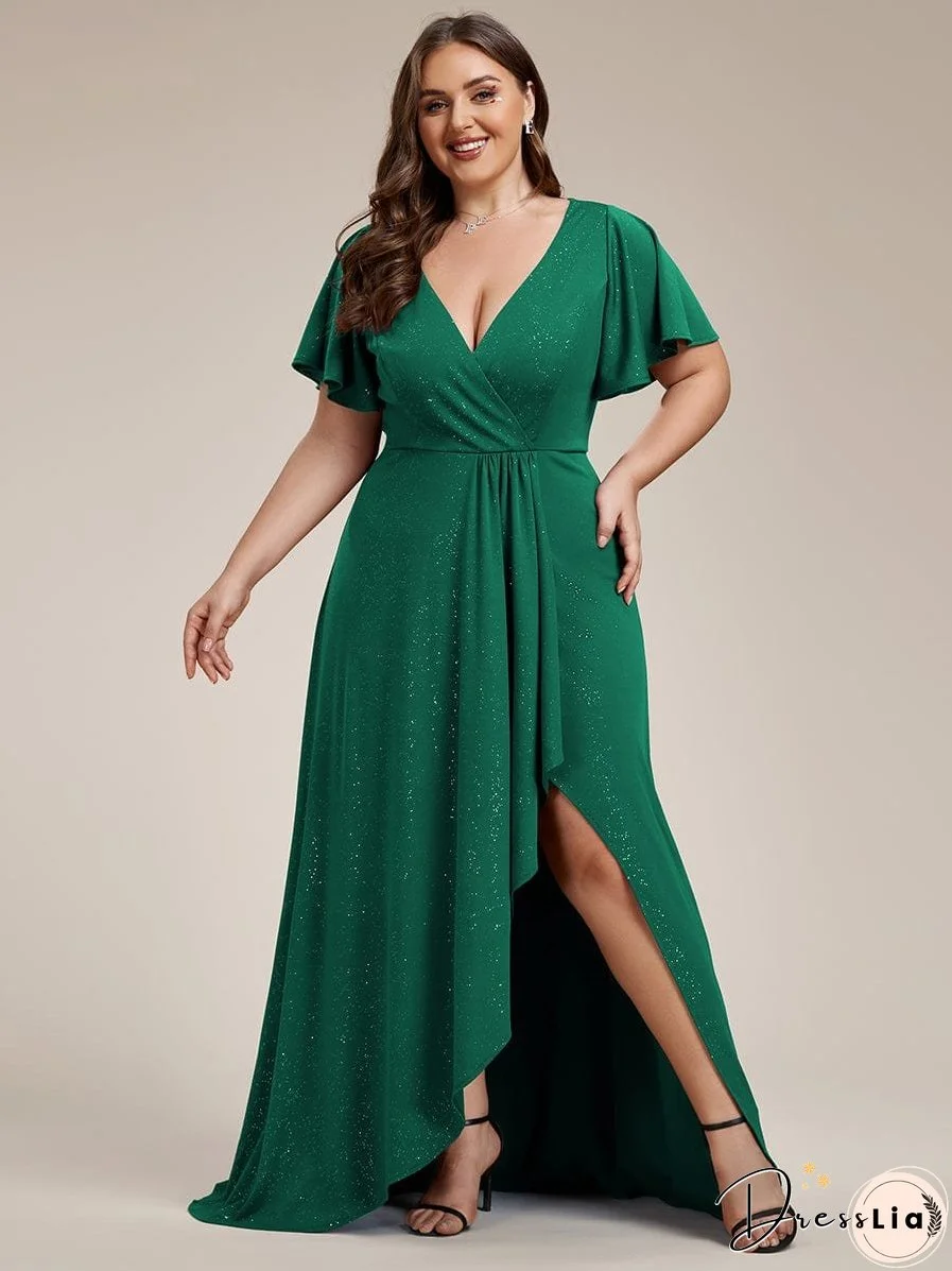 Ruffled Sleeve Tea Length Evening Dress with Side Split