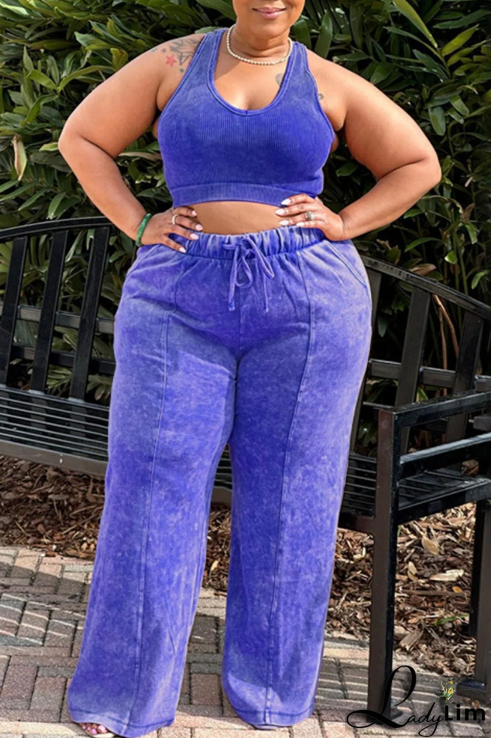 Blue Casual Solid Vests Pants O Neck Plus Size Two Pieces