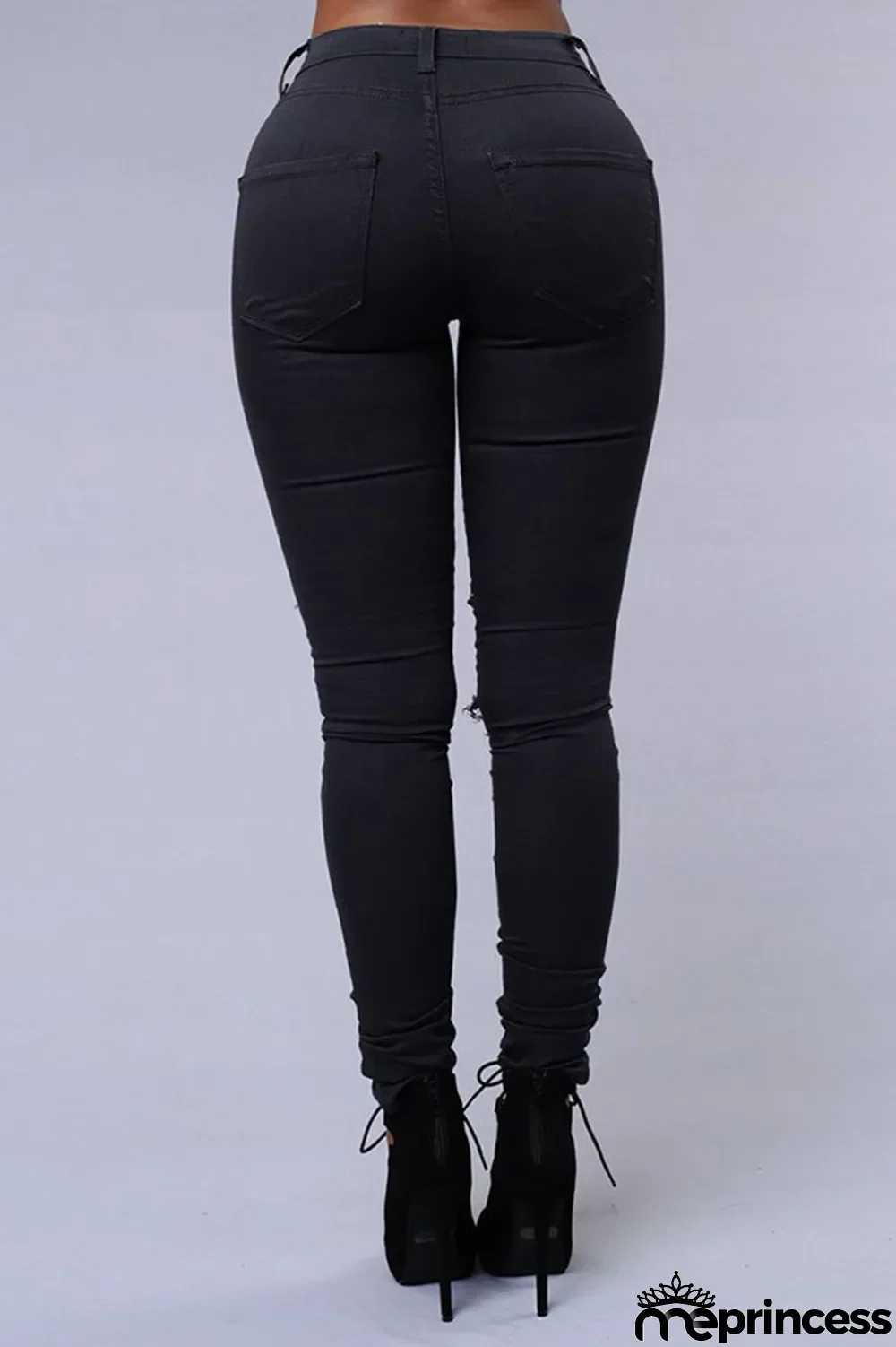 Black Street Solid Ripped Buttons High Waist Regular Denim