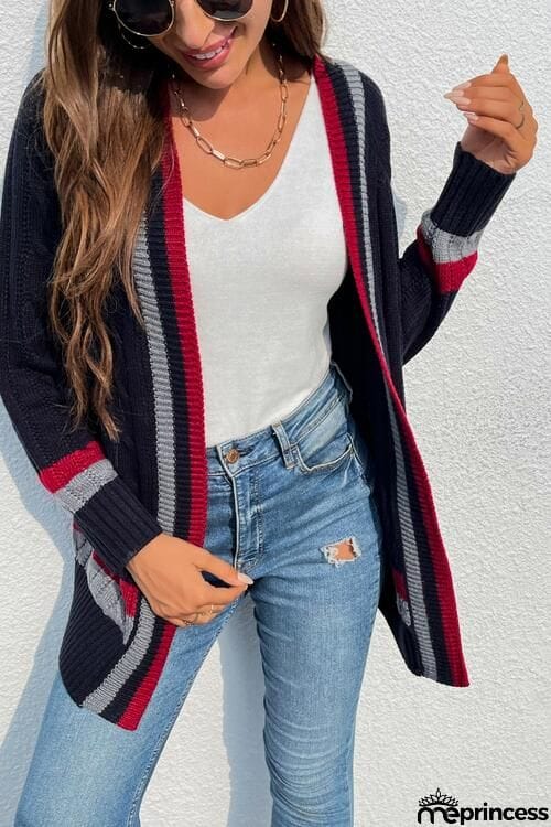 Open Front Striped Long Sleeve Cardigan
