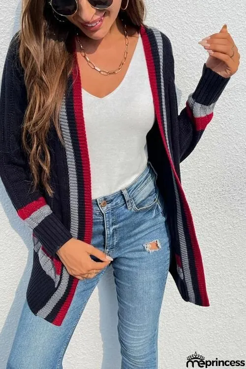 Open Front Striped Long Sleeve Cardigan