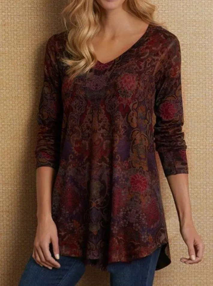 Brownm Stylish Women's Floral V-neck Loose T-shirt