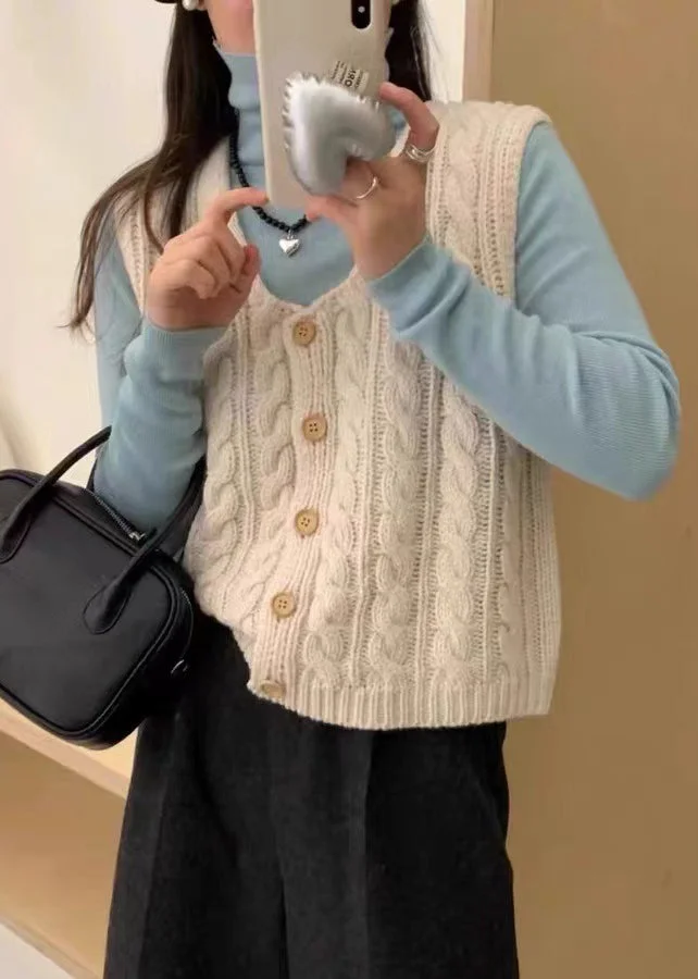 Fashion Beige Square Collar Button Knit Vest Top Sleeveless