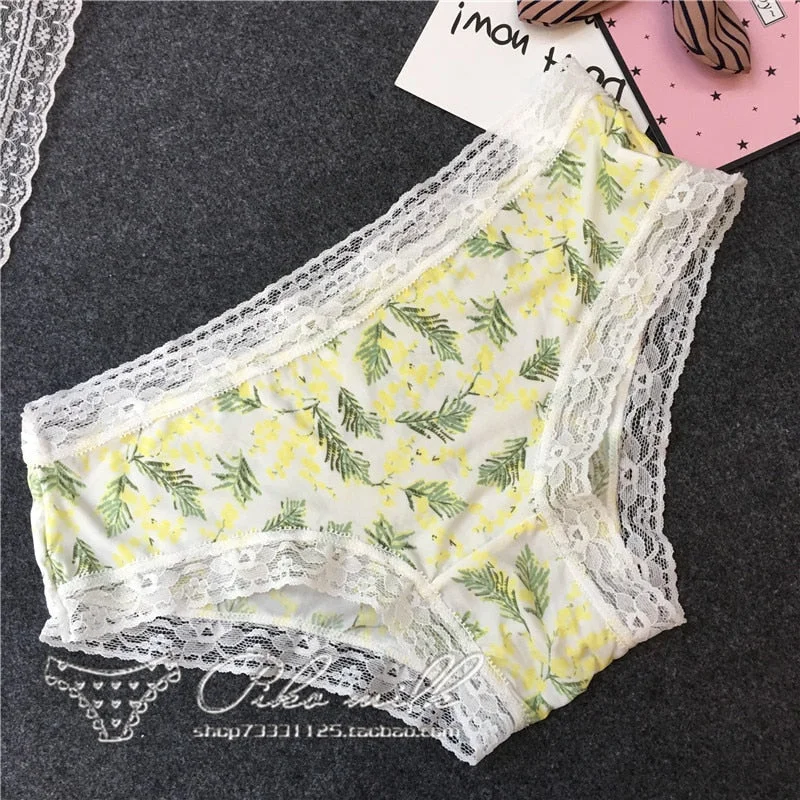 European Style Sexy Underwear Women's Ice Silk Printing Panties Fashion Lace Briefs Ladies Low Waist Underpants Female Lingerie