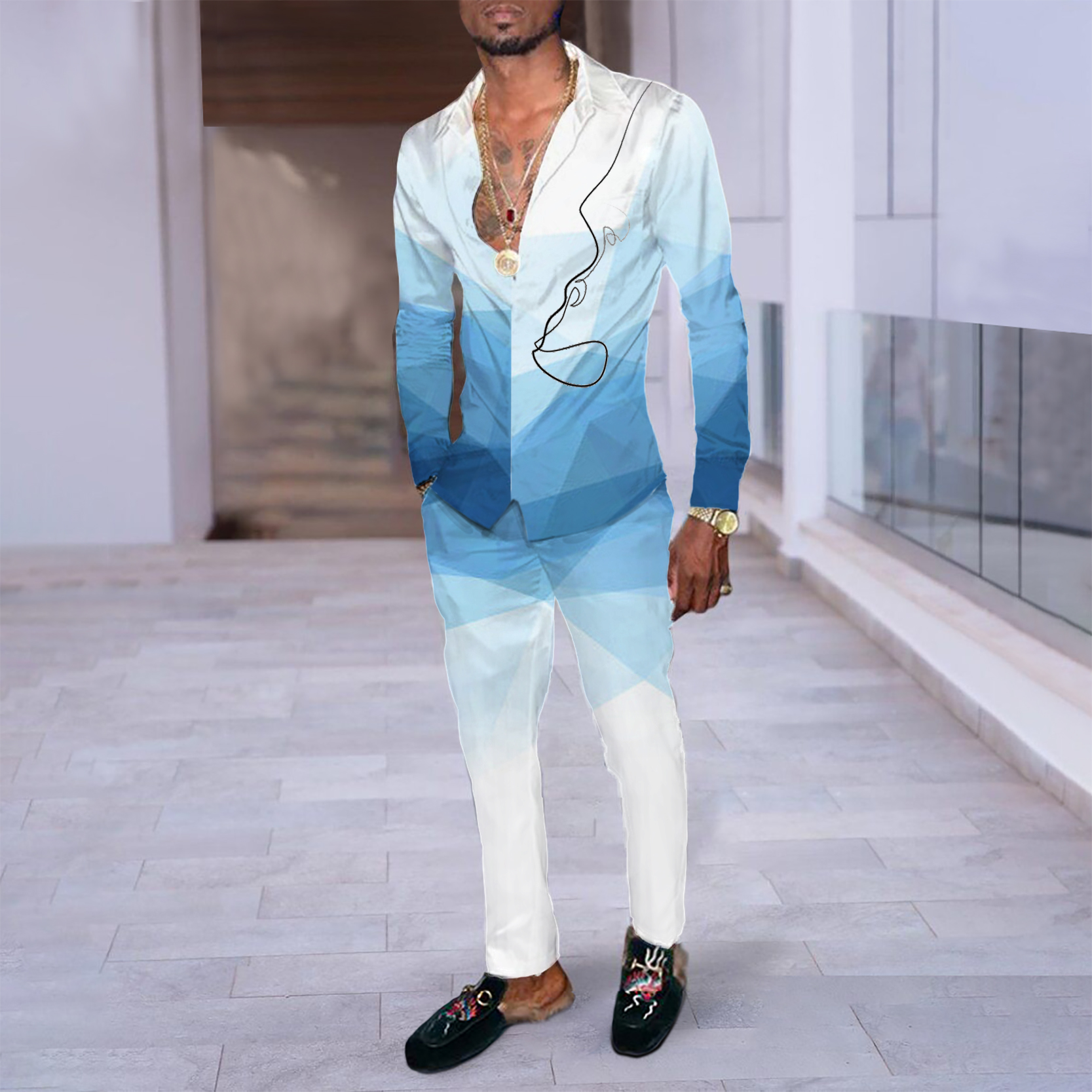 Blue And White Gradient Print Shirt And Pants Two-Piece Set wearshes