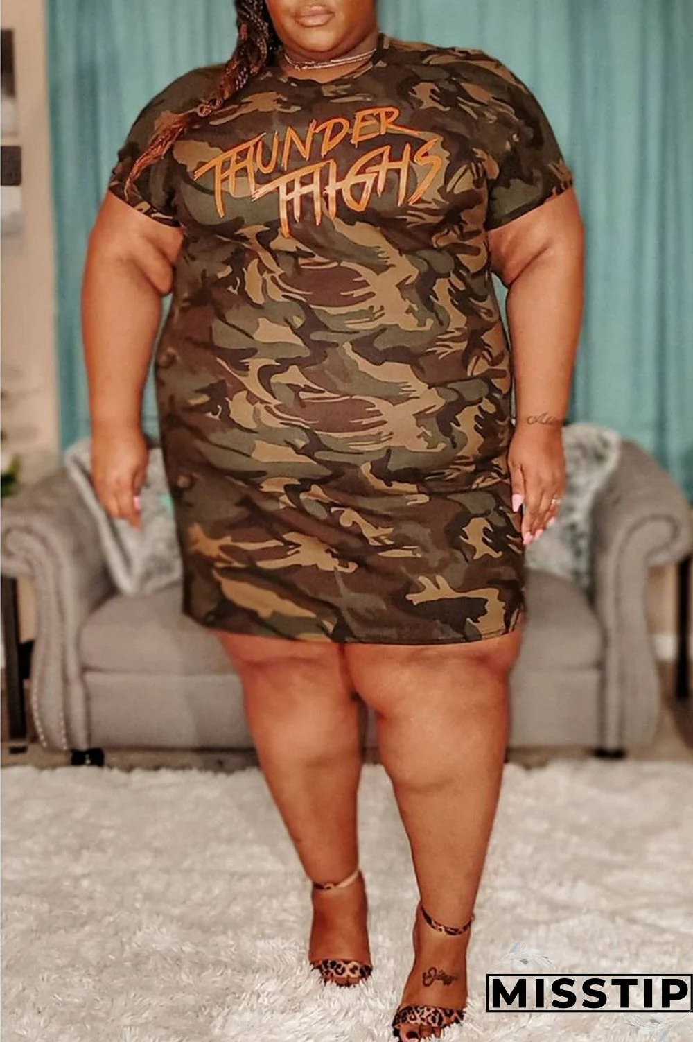 Camouflage Fashion Plus Size Letter Camouflage Print Basic O Neck Short Sleeve Dress