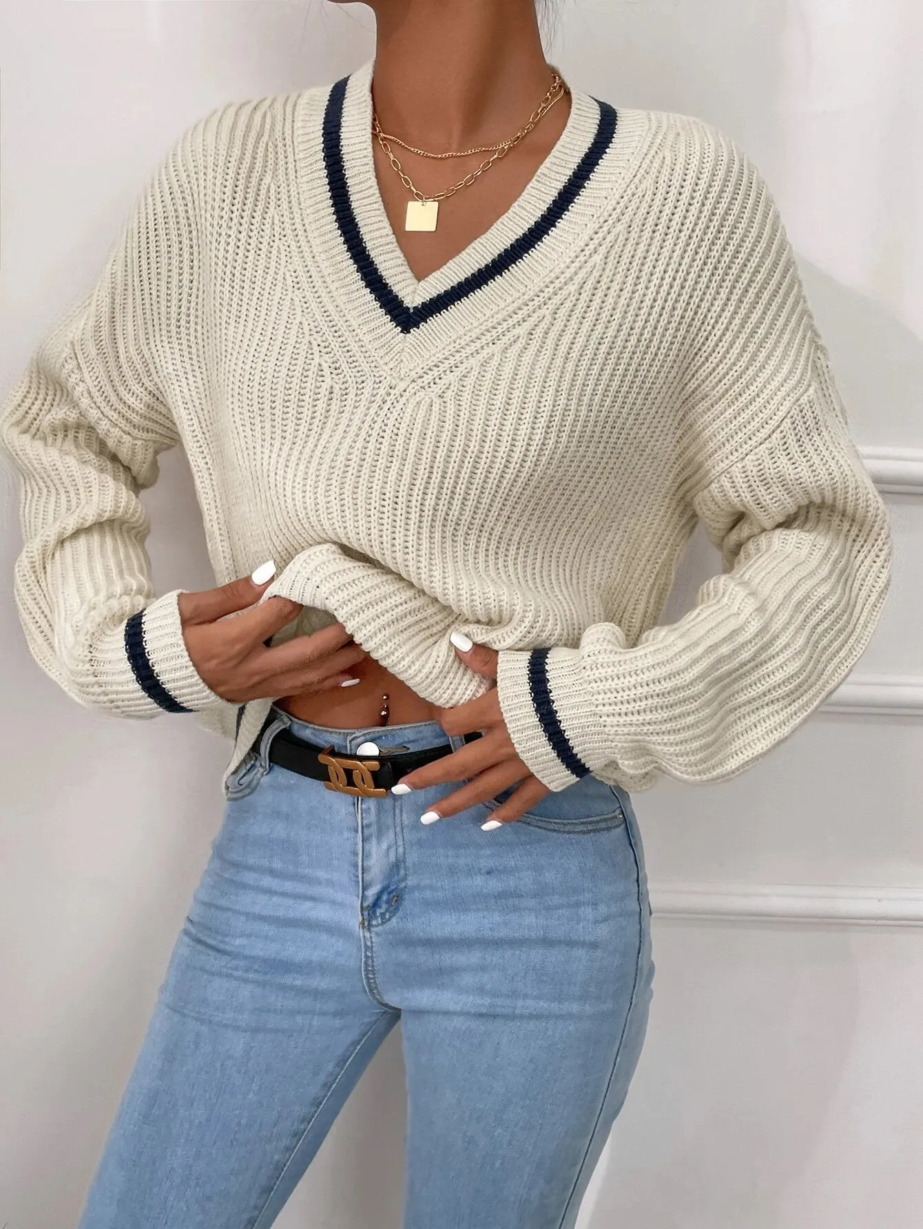 Women Striped Trim V Neck Knit Sweater