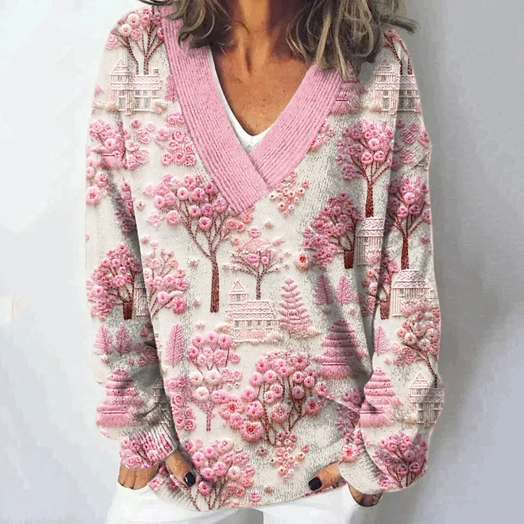 Floral Embroidery Art Print V-Neck Casual Knitted Sweater