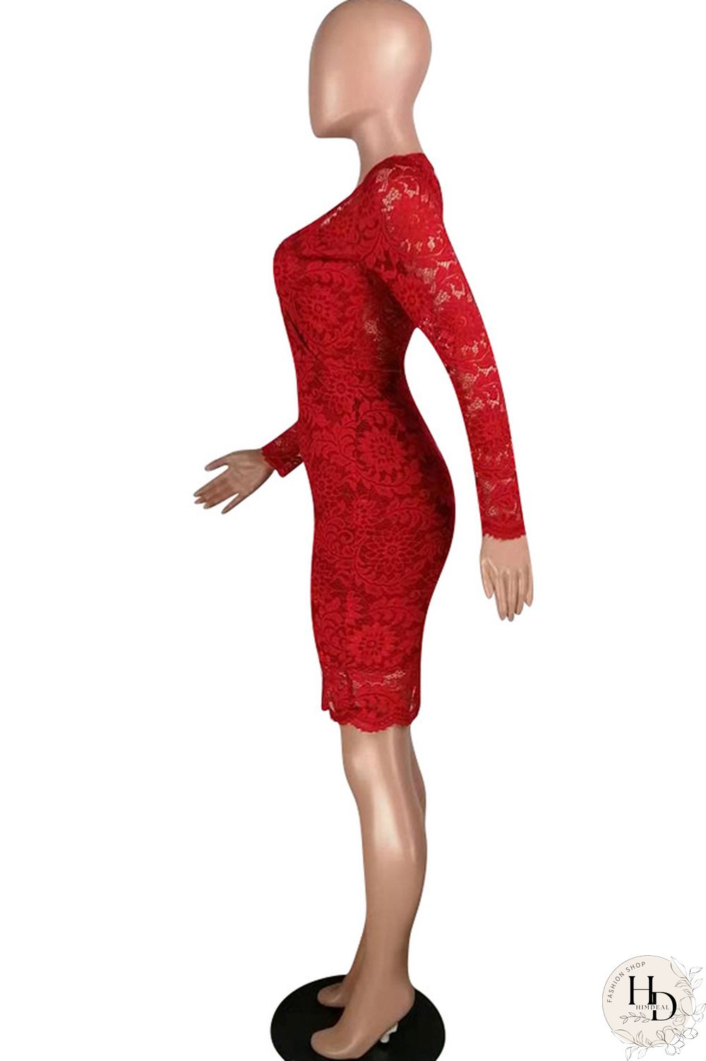 Red Lace Casual Cap Sleeve Long Sleeves V Neck Step Skirt Knee-Length lace Solid Patchwork Broken flower