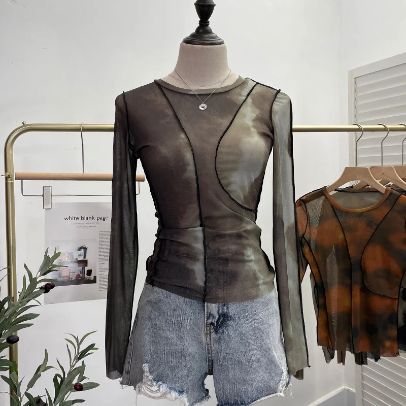 Uveng Sunset Sun Dyed Elastic Mesh Yarn T-Shirt Stacked With Long-Sleeved Top Press Line T-Shirt 8980