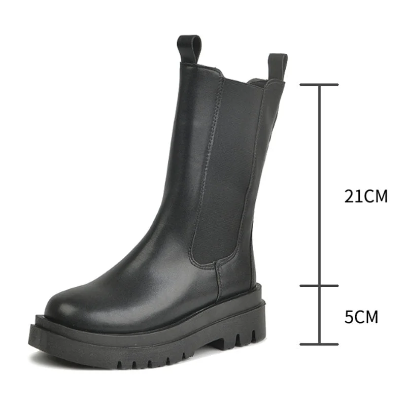 Lucyever Classic Black Chelsea Boots Women Autumn Slip-on Thick Bottom Platform Mid Calf Boots Woman Comfy Loose Med Heel Botas