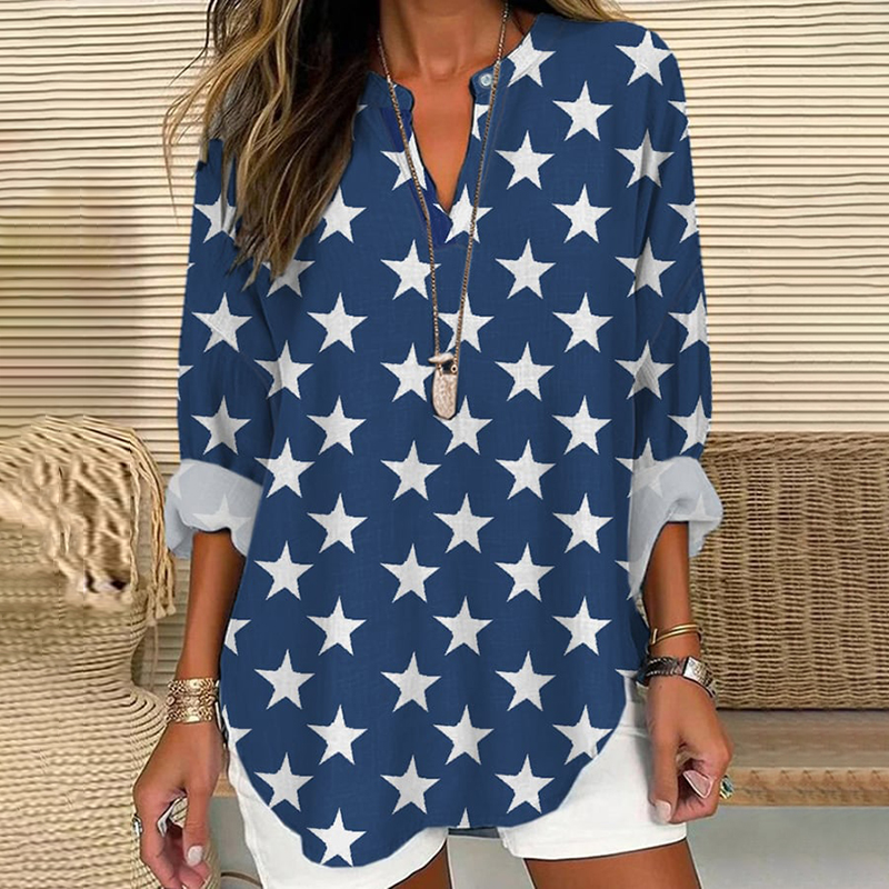 Comstylish Independence Day Star Print V-Neck Casual Blouse