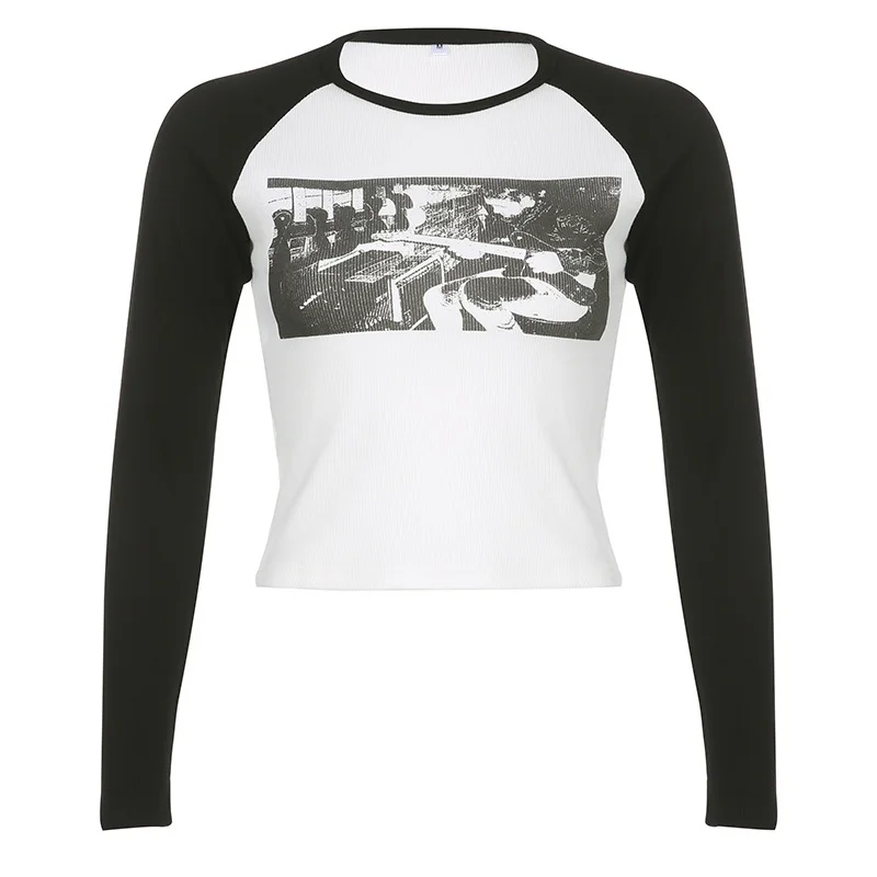 Ueong 2024 Ins Internet Celebrity Personality Trend New Shoulder-To-Shoulder Abstract Long-Sleeved Head Printed T-Shirt Girl