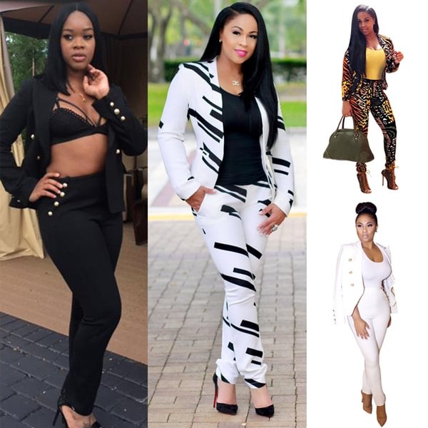 4Colors Office Ol Celebrity Women Blazer Set White Suit Black Blazer + Bodycon Pencil Pants 2Pcs Suits - Shop Trendy Women's Fashion | TeeYours