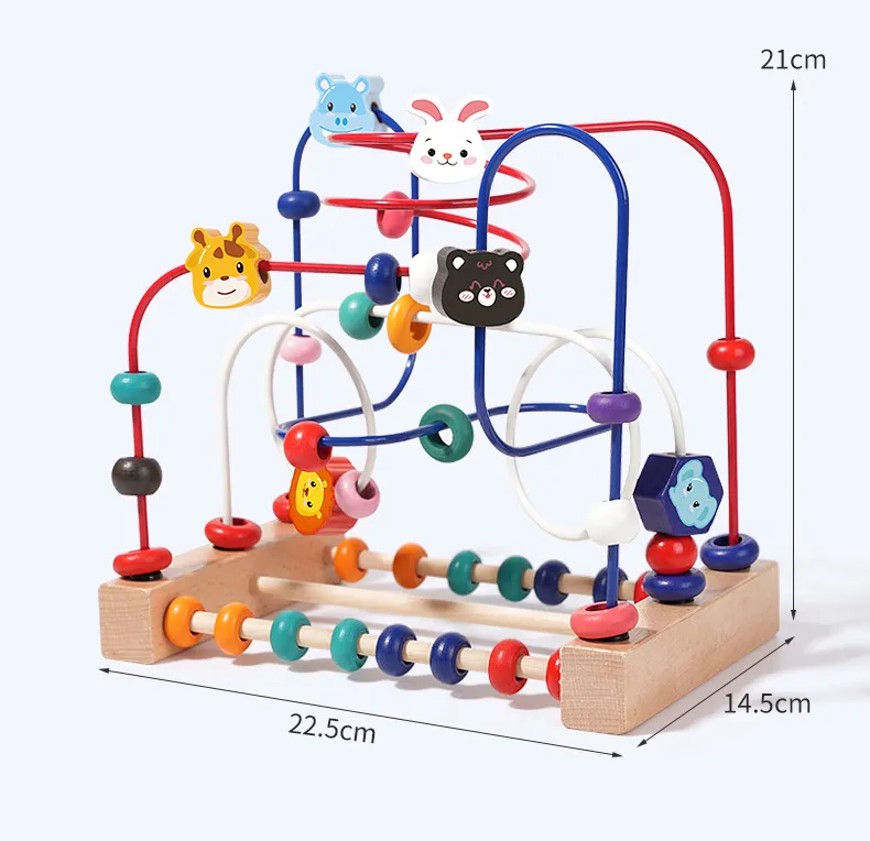 Tegooe Wooden Bead Maze Cube Toy - Colorful Fruit Animal Shapes Educational Learning Toy