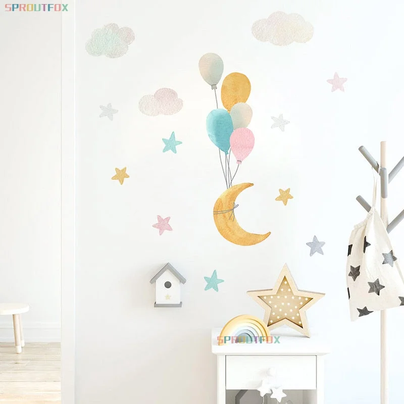 Colorful Balloon Moon Stars Cartoon Wall Stickers for Baby Rooms Door Decoration Stickers Waterproof Vinyl Wall Decal Kawaii