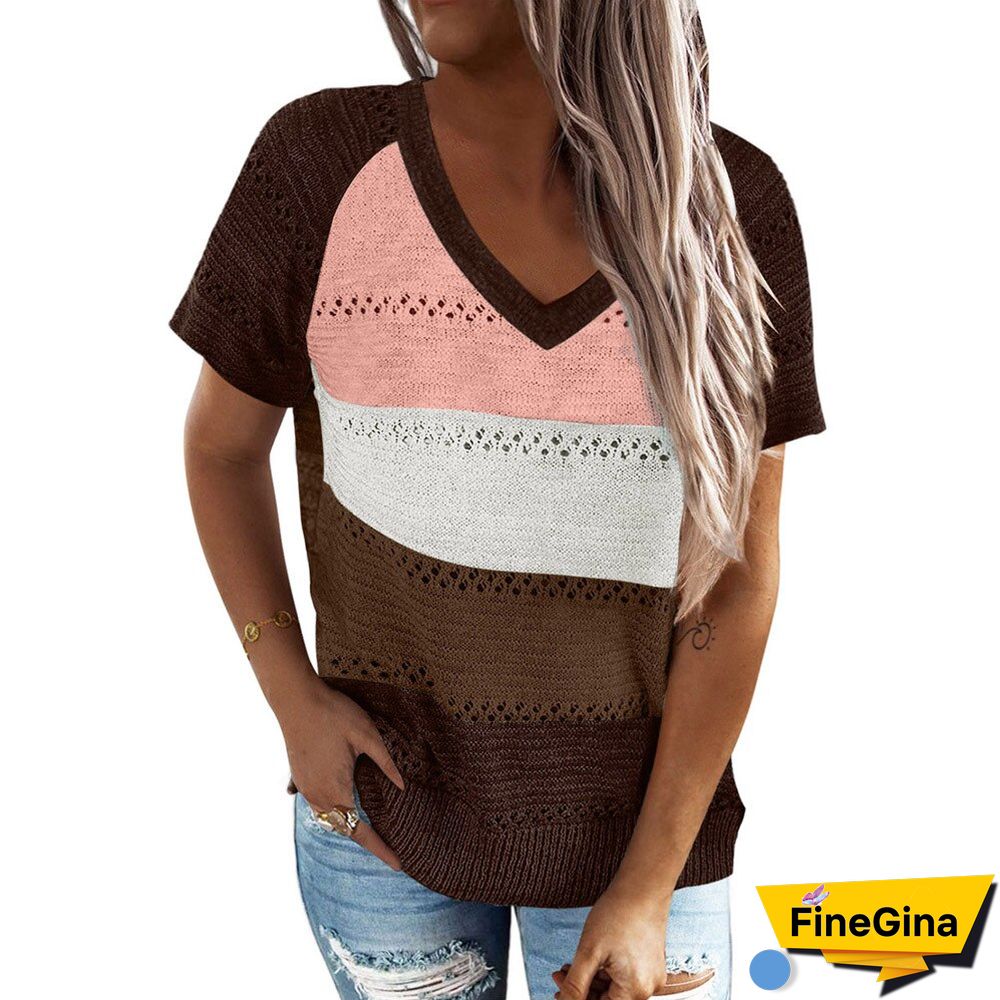 Summer Knitted Short Sleeve Top Women's European And American Contrast V-neck Pullover T-shirt Y2k Top