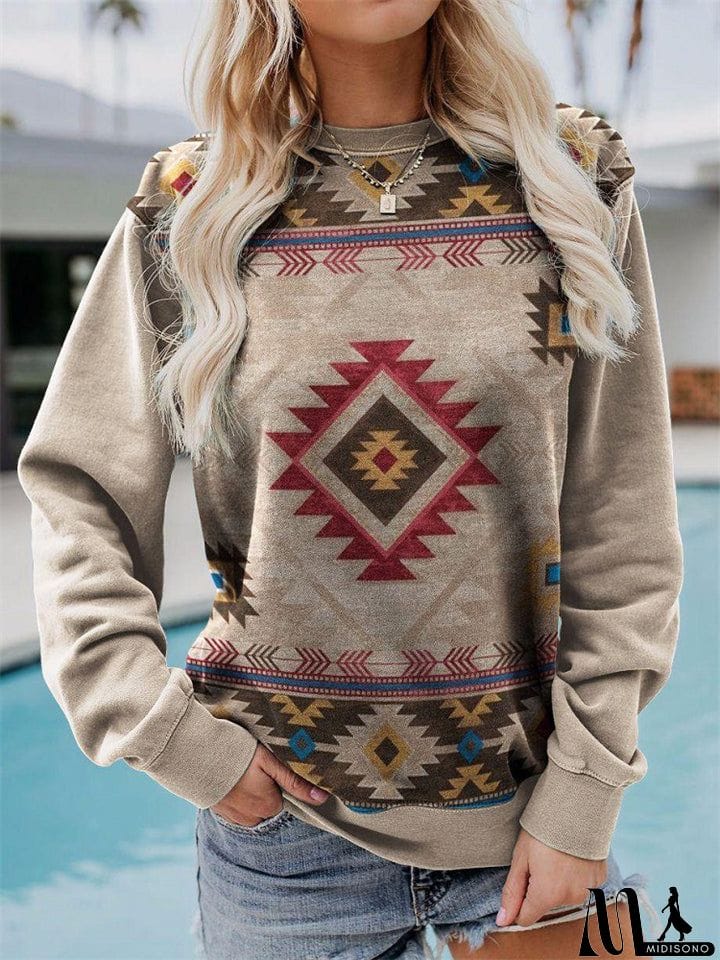 MidiSono - Vintage Printed Round Neck Long Sleeve Shirts For Women