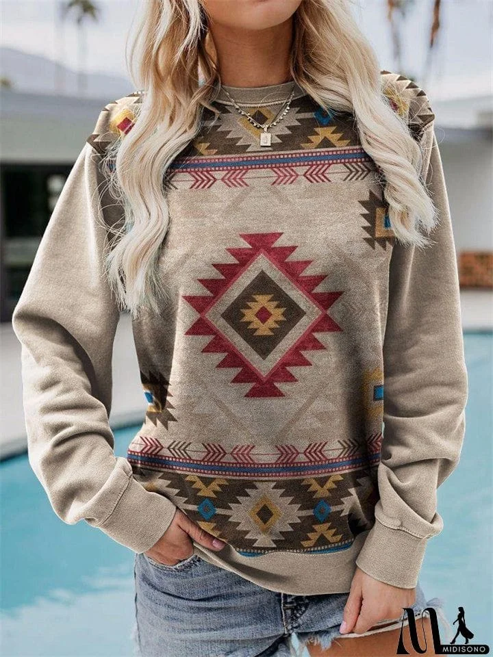 MidiSono - Vintage Printed Round Neck Long Sleeve Shirts For Women