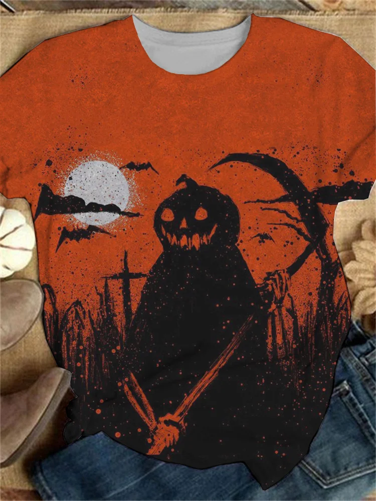 Vintage Halloween Pumpkin Ghost Art Round Neck T Shirt