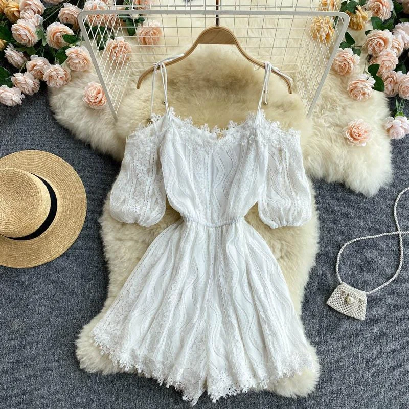 Chic Off Shoulder Lace Rompers P10757