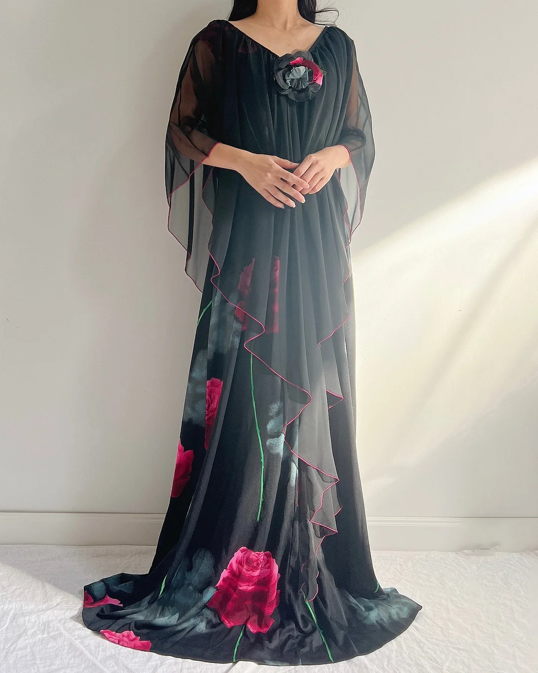 Chiffon Floral Cape Maxi Dress
