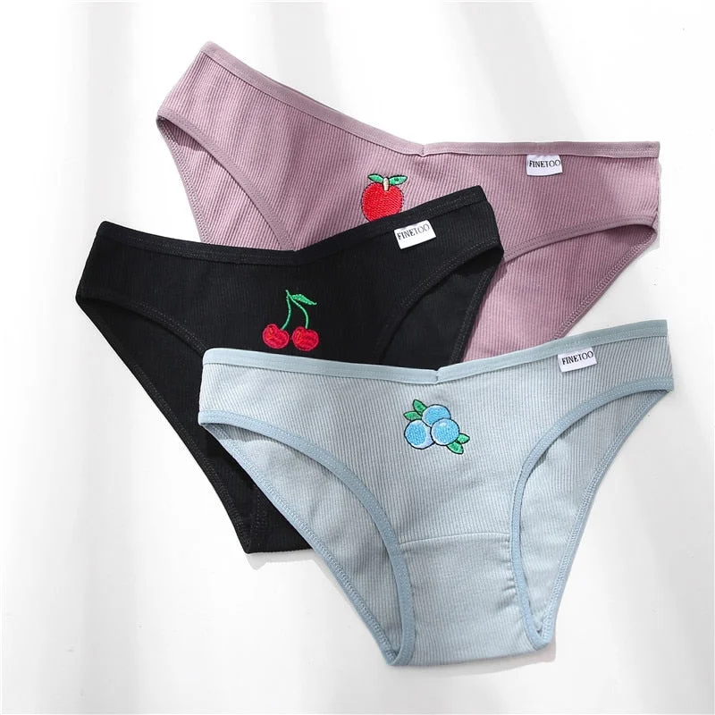 FINETOO 3Pcs/set Women Cotton Panties M-2XL Fruit Embroidery Underwear Plus Size Low-Rise Briefs Ladies Underpants Girls Panties