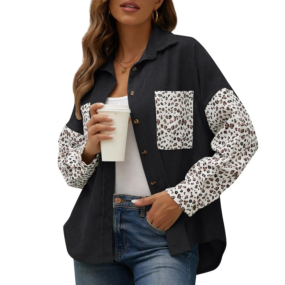 Women's Jacket Leopard Print Stitching Corduroy Casual Shirt