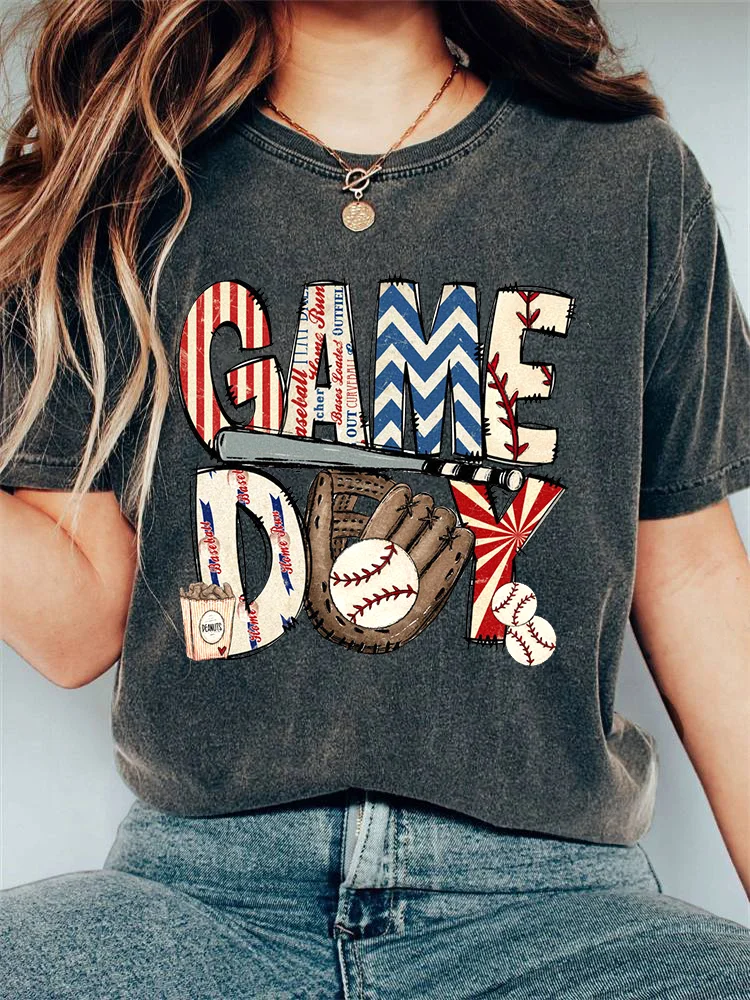 Baseball Game Day Print Casual Cozy Vintage T-Shirt