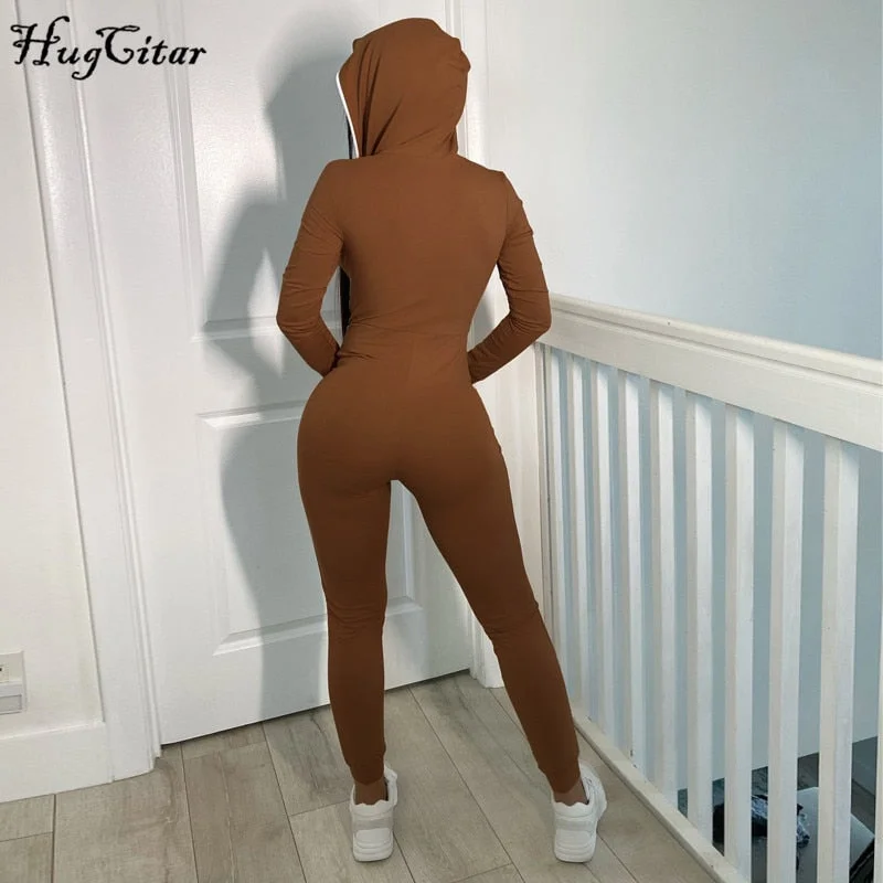 Hugcitar 2020 Long Sleeve Zipper Hooded Jumpsuit Autumn Winter Women Fashion Streetwear Outfits Pocket Patchwork Romper