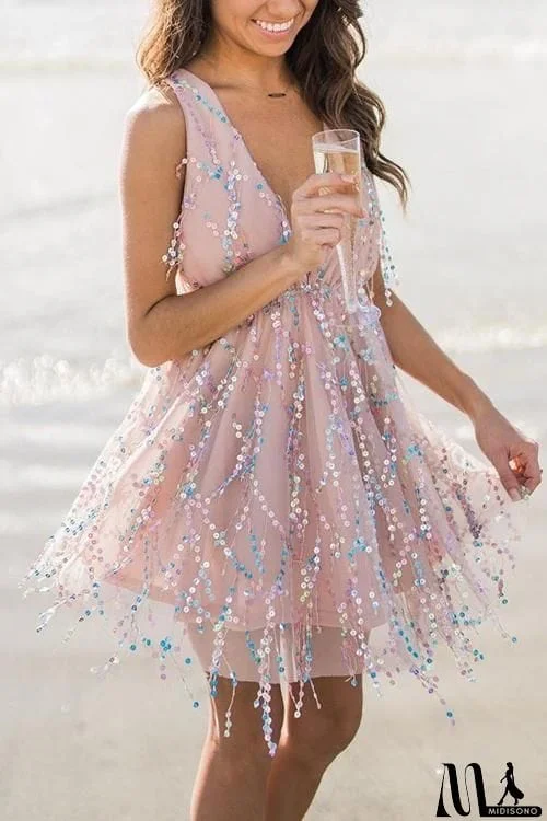 MidiSono - Deep V Neck Sequin Mini Dress