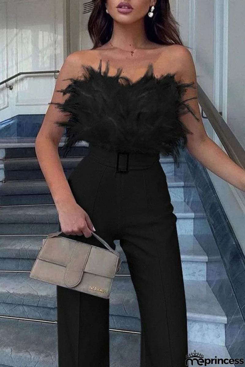 Sexy Solid Patchwork Feathers With Belt Strapless Straight Jumpsuits(Contain The Belt)