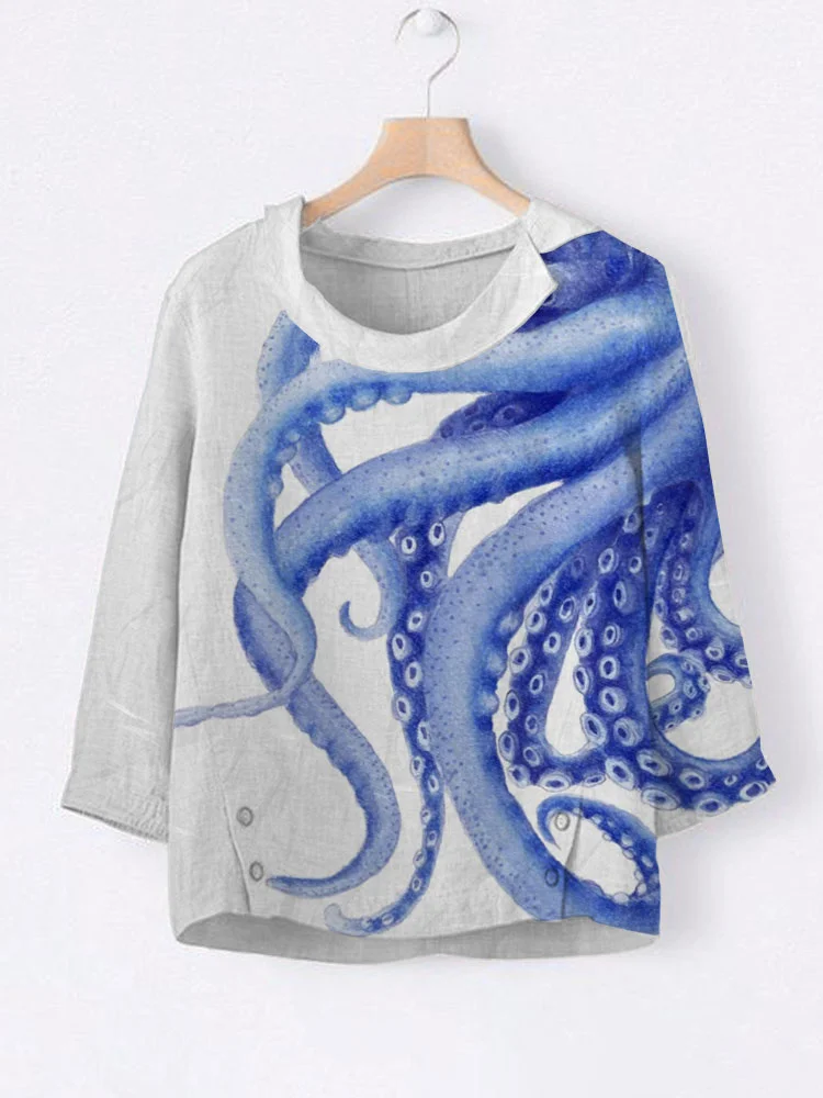 Women's Casual Japanese Art Ocean Octopus Print Top