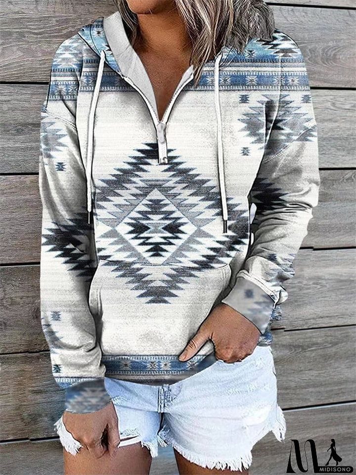 MidiSono - Women's Ethnic Diamond Printed Long Sleeve Pullover Hooded Sweatshirt