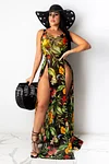 Flower Print Beach Dresses Slit Vacation Dress